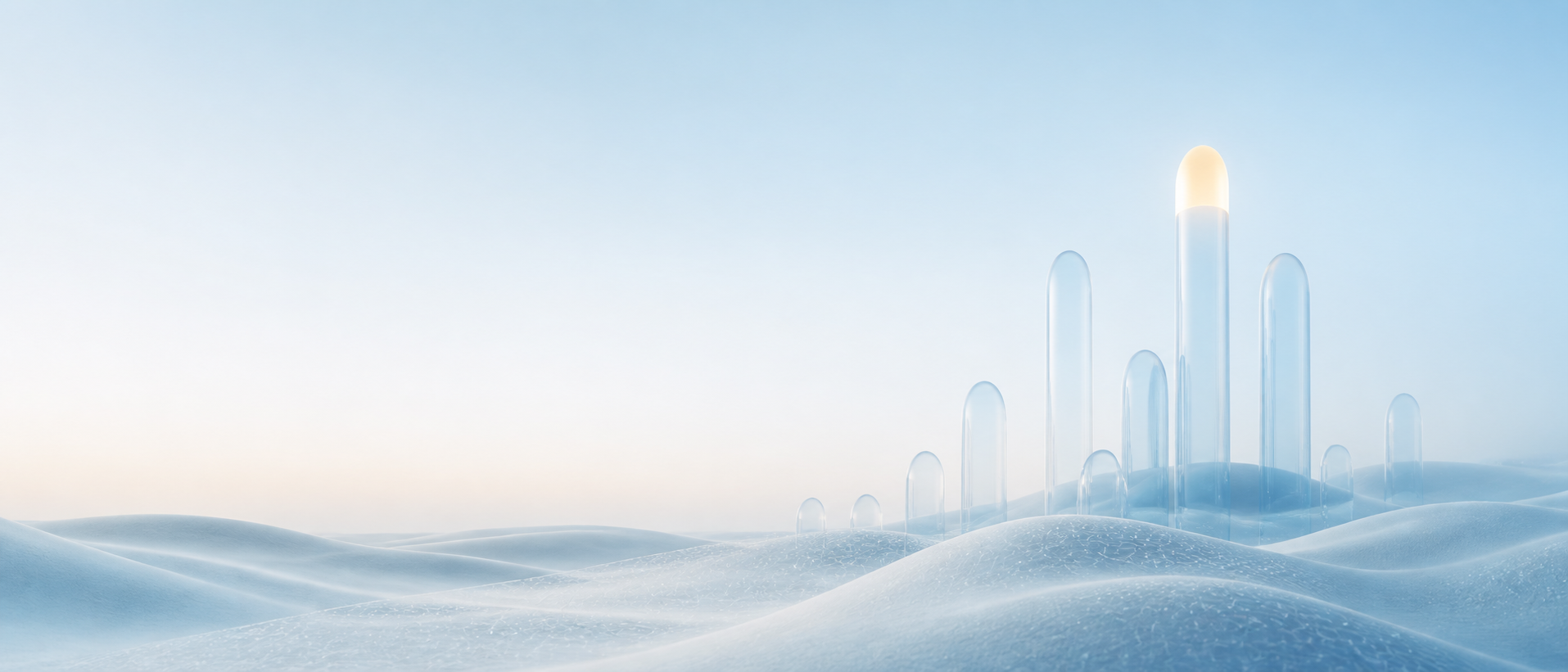 Low horizon of glass pillars rising from dunes, one glowing