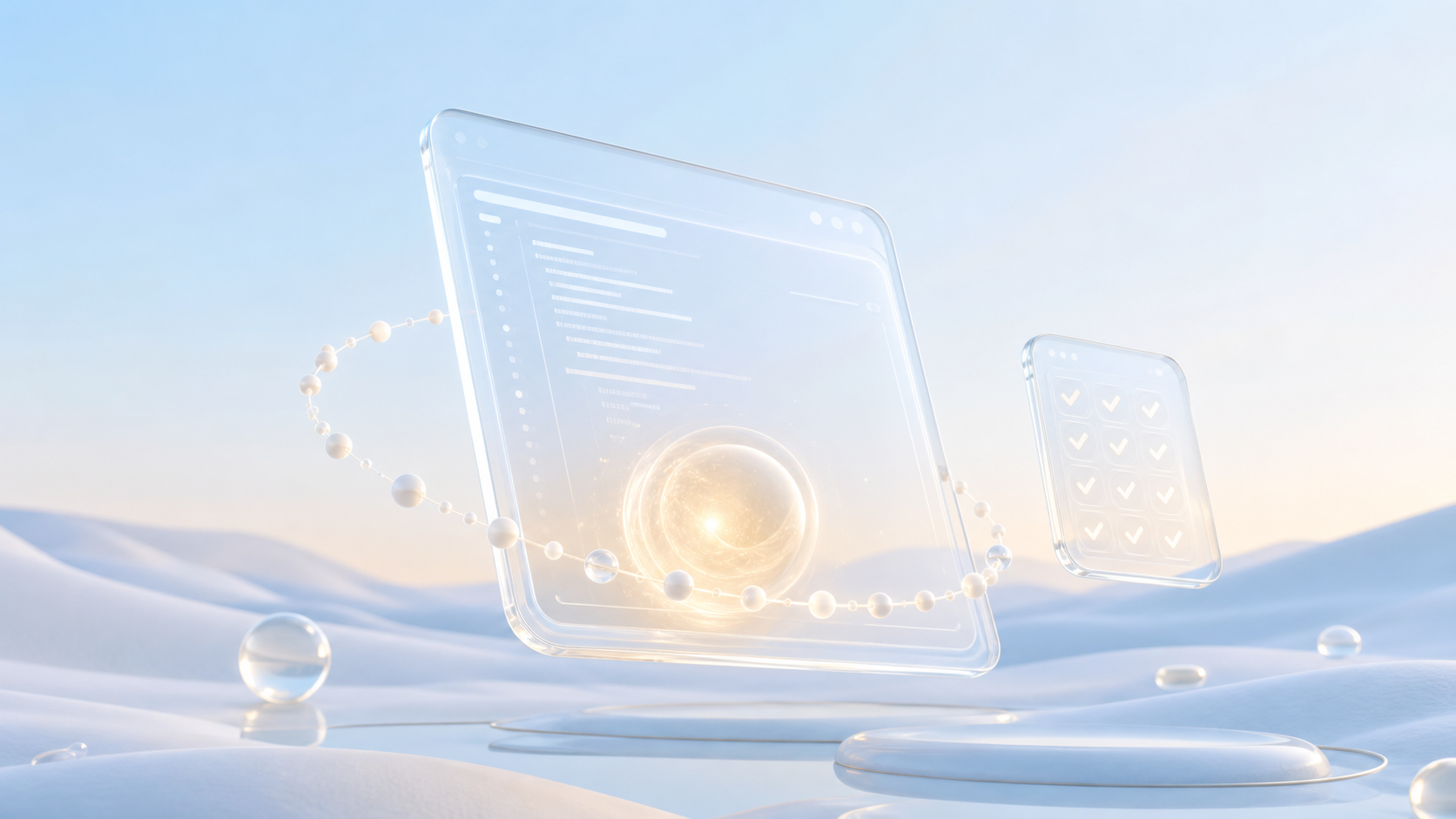 Glass terminal slab with orbiting memory spheres and an eval panel