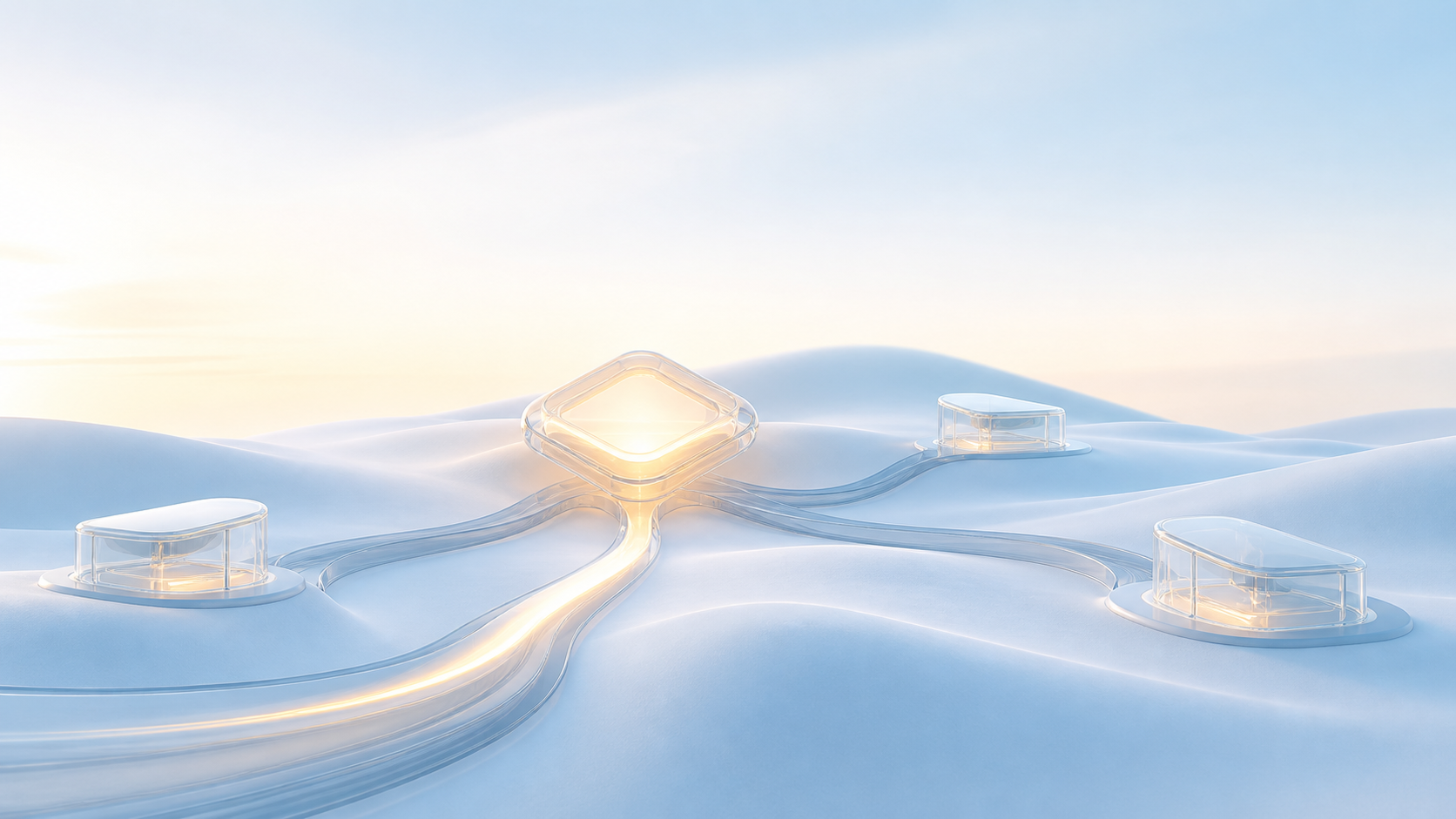 Glass building slabs routed through a glowing central dispatch diamond