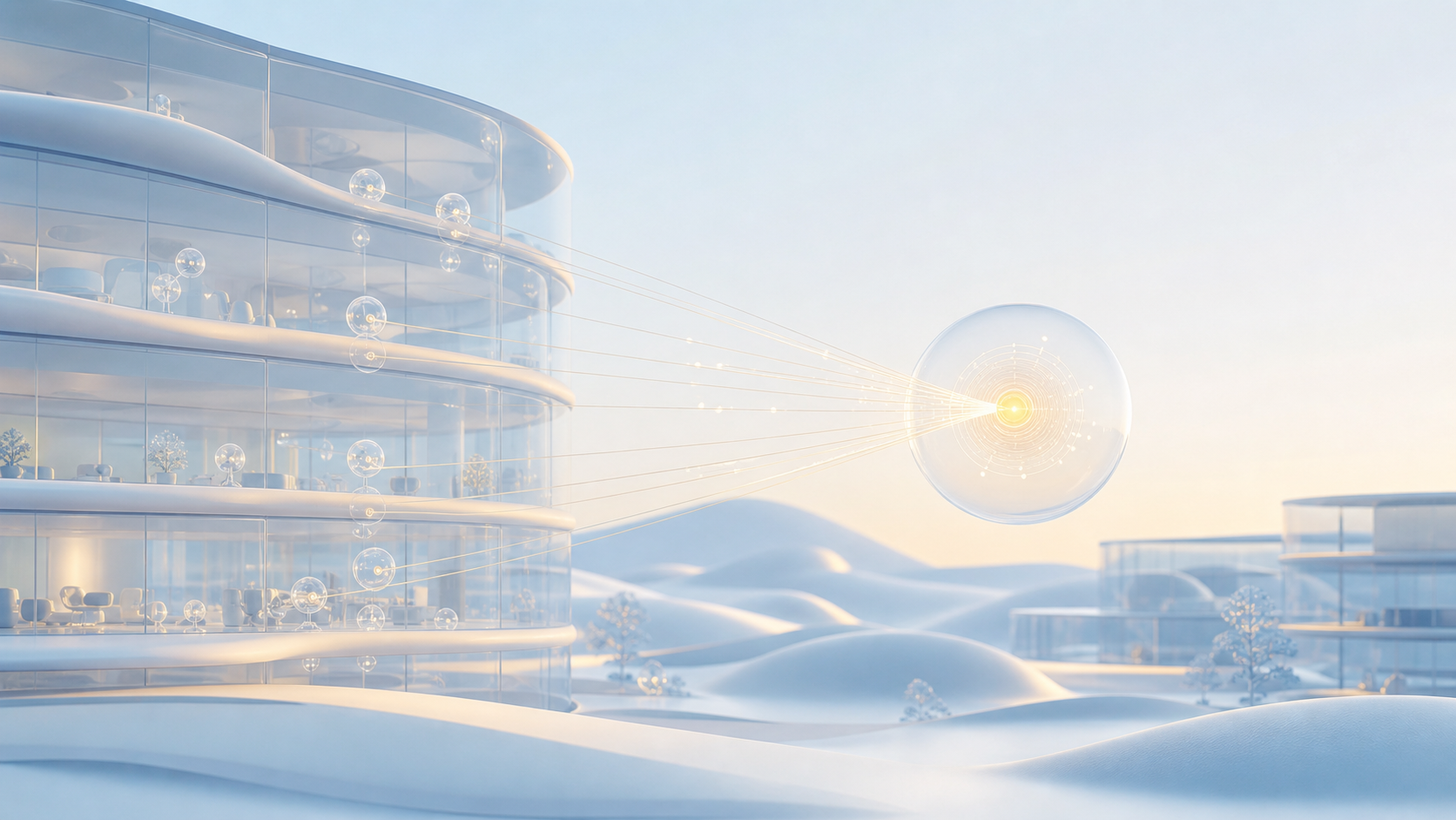Glass tower with sensor spheres converging on a glowing analytics node