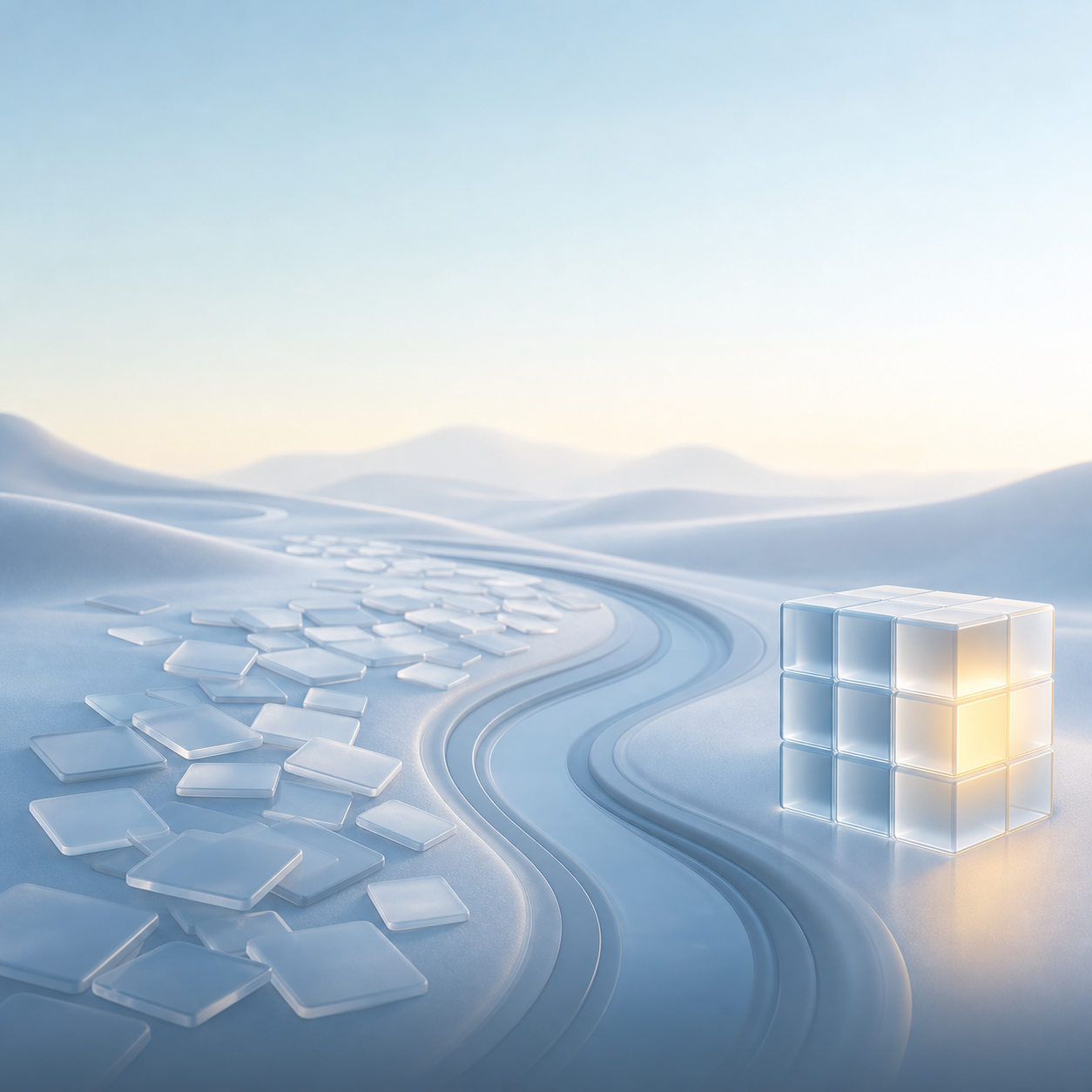Scattered glass tiles flowing into a stacked, glowing glass cube