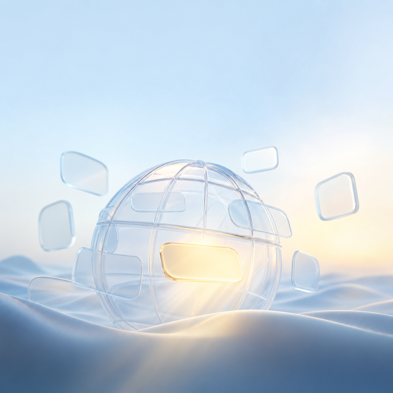 Glass globe-grid with drifting answer cards, one glowing and cited