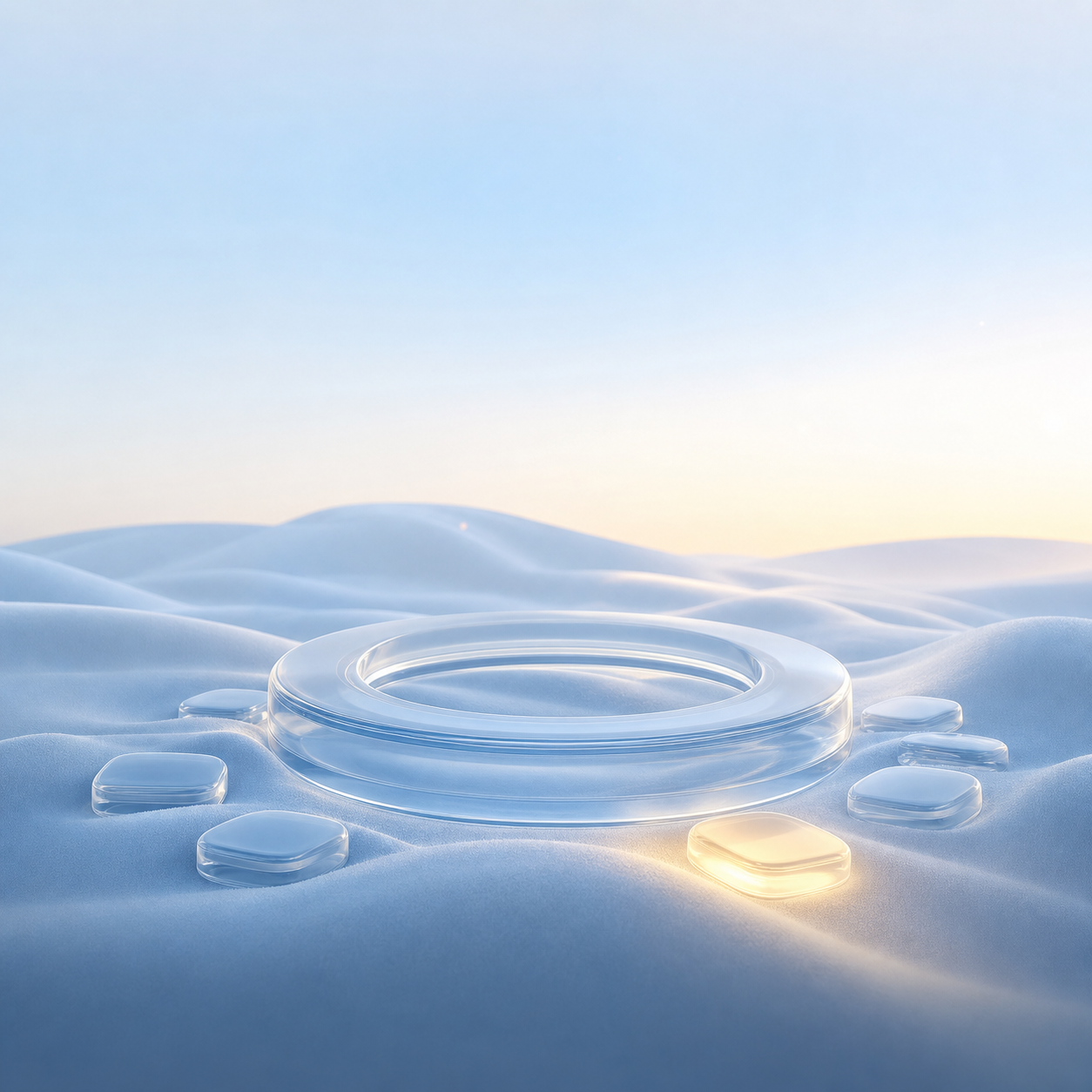 Glass decision ring among satellite tiles, one path glowing